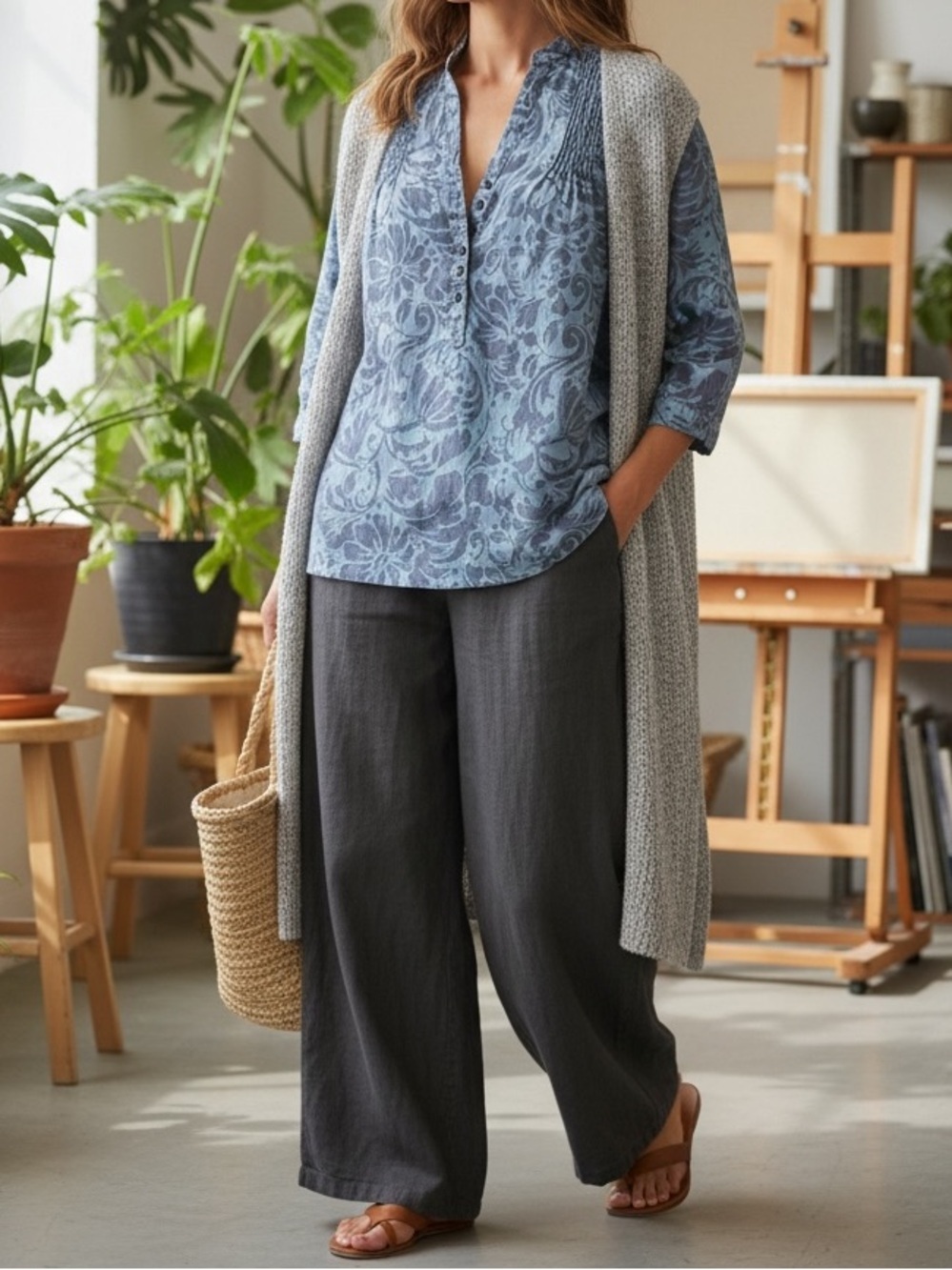 Marks & Spencer 100% Linen Slate Blue Floral Henley Tunic